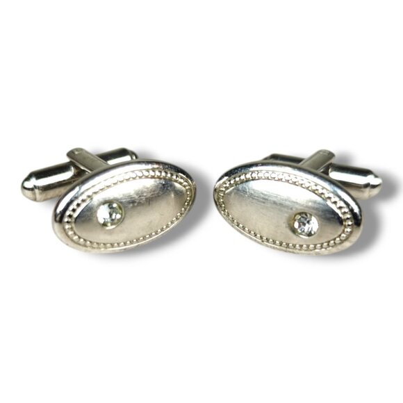 Vintage Hickok Silver Tone Oval Cufflinks With Rhinestone Accents MCM Retro - Picture 1 of 7